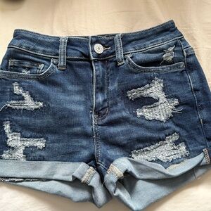 SO Distressed Dark Blue Rolled Cuff Jean Shorts